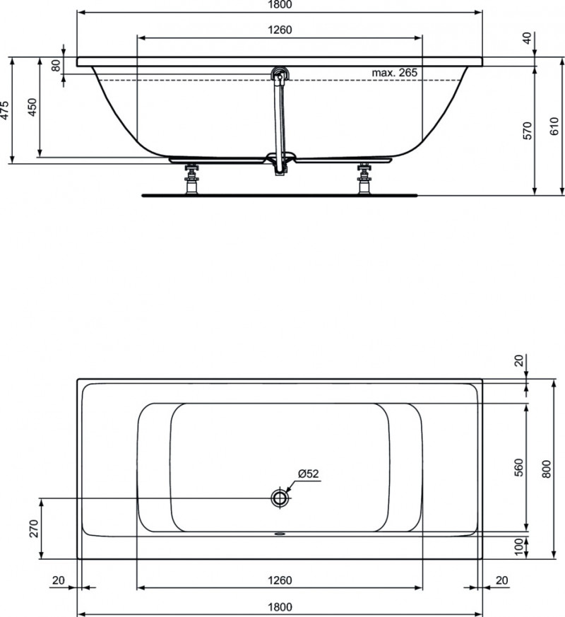Правоъгълна двустранна вана за вграждане 180x80 cm Connect Air E106701
