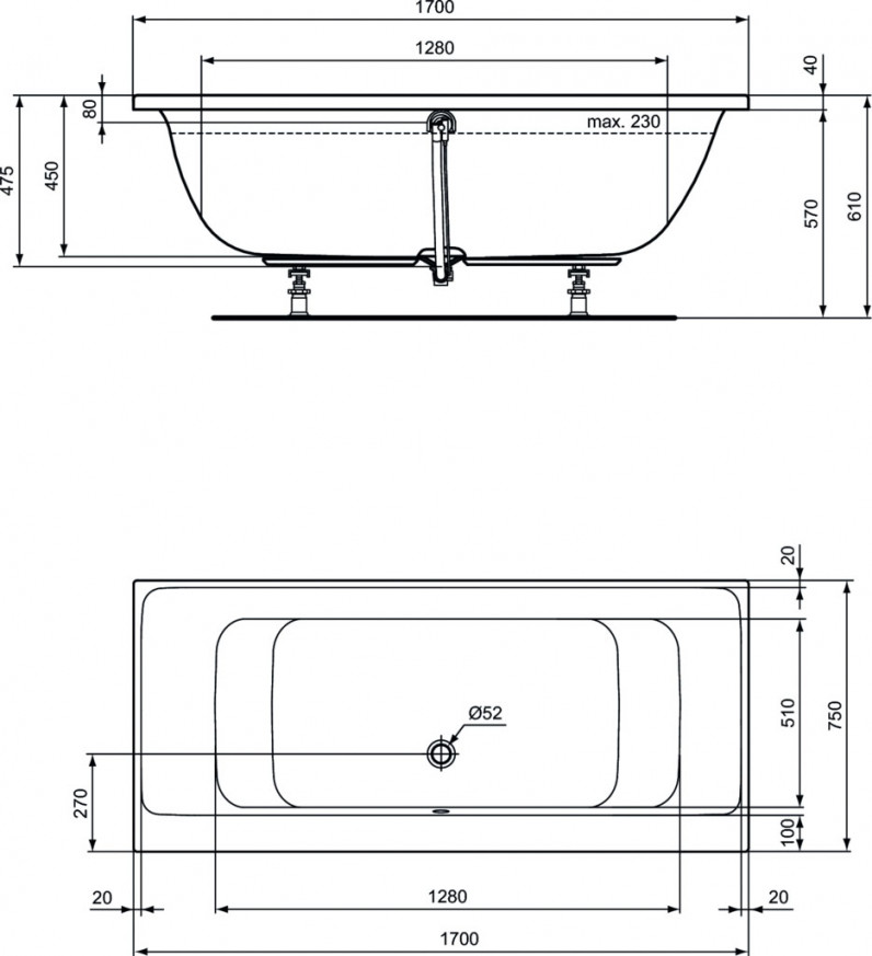 Правоъгълна двустранна вана за вграждане 170x75 cm Connect Air E106601