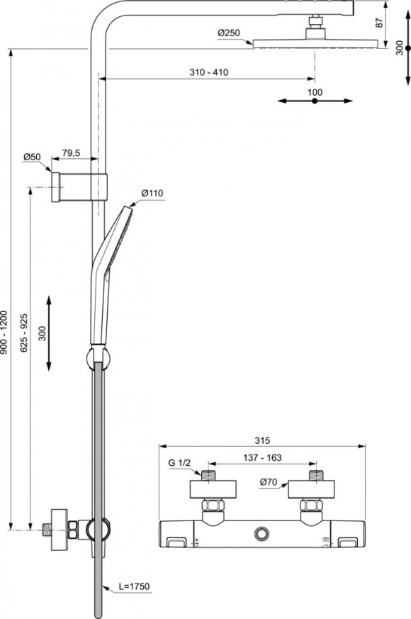 Душ система със стенен термостатен смесител Ceratherm T25 A7628AA с възможност за вертикално и хоризонтално регулиране
