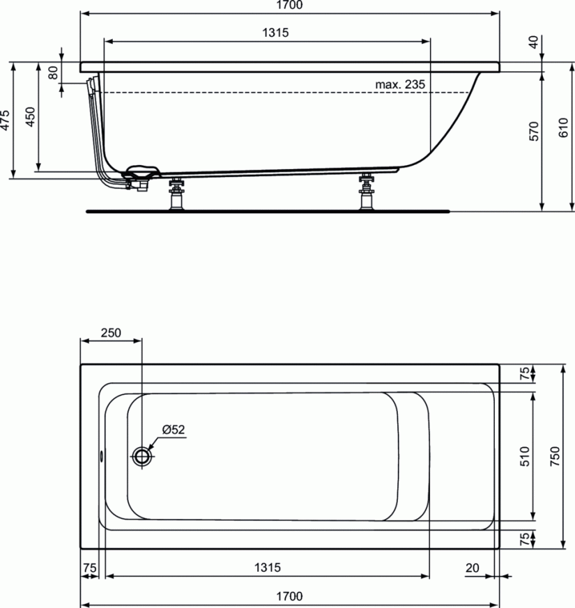 Правоъгълна вана за вграждане 170x75 cm Connect Air E106401
