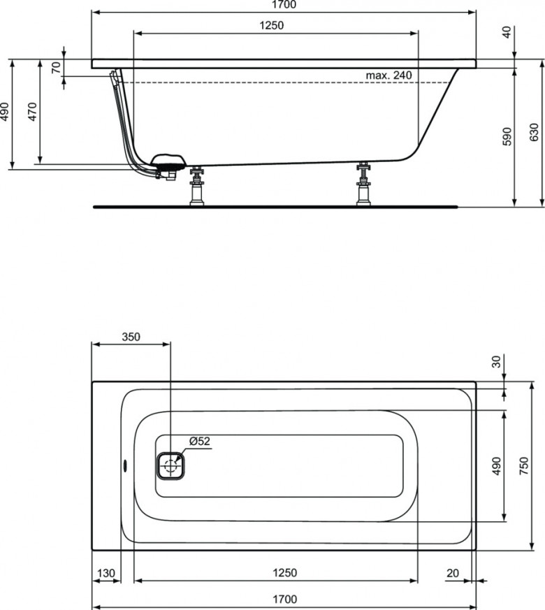 Правоъгълна вана за вграждане 170x75x63 cm Tonic II E397201