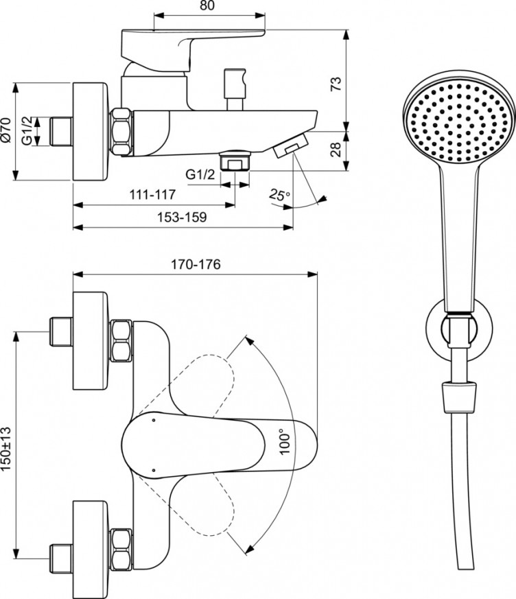 Комплект смесител за душ и вана с ръчен душ CERAFINE O черен мат BC706XG
