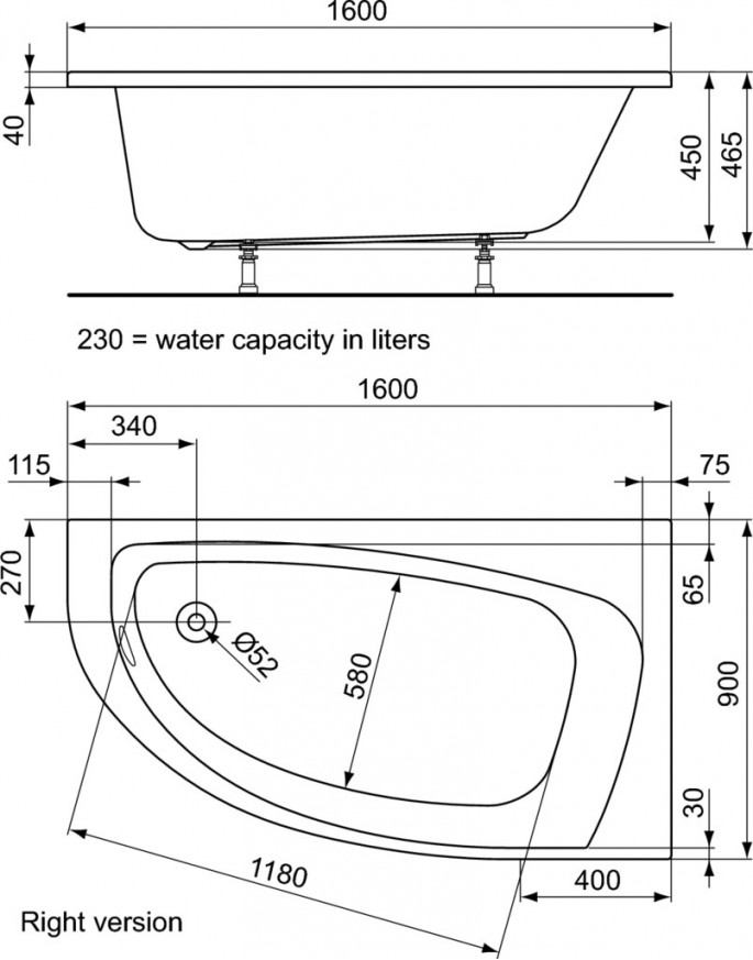 Асиметрична вана за вграждане или за монтаж с панели 160x90см Playa T963401
