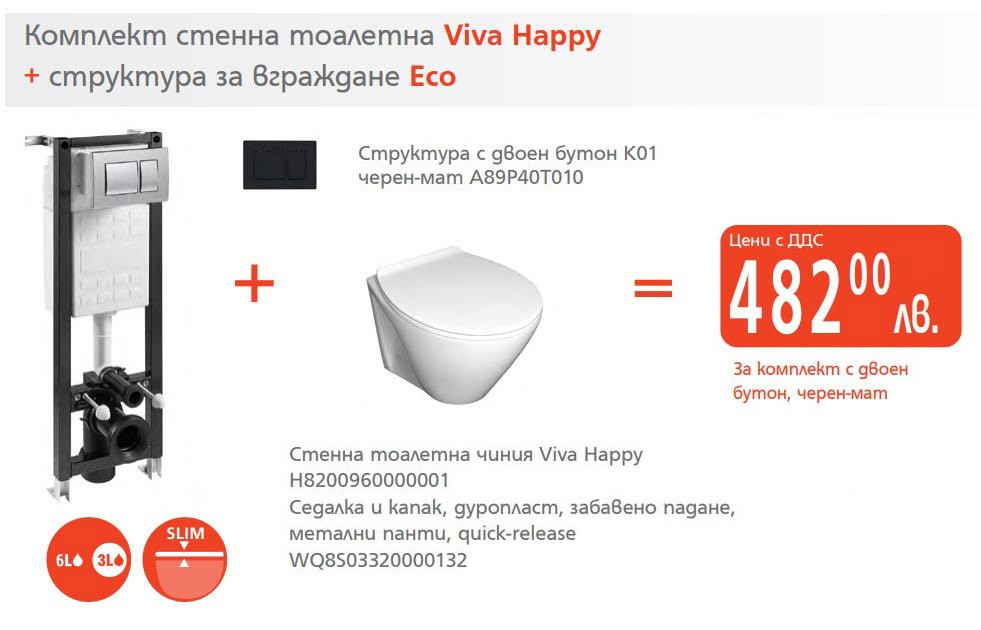 Промо комплект стенна тоалетна чиния VivaHappy+структура за вграждане Eco+черен бутон+капак 