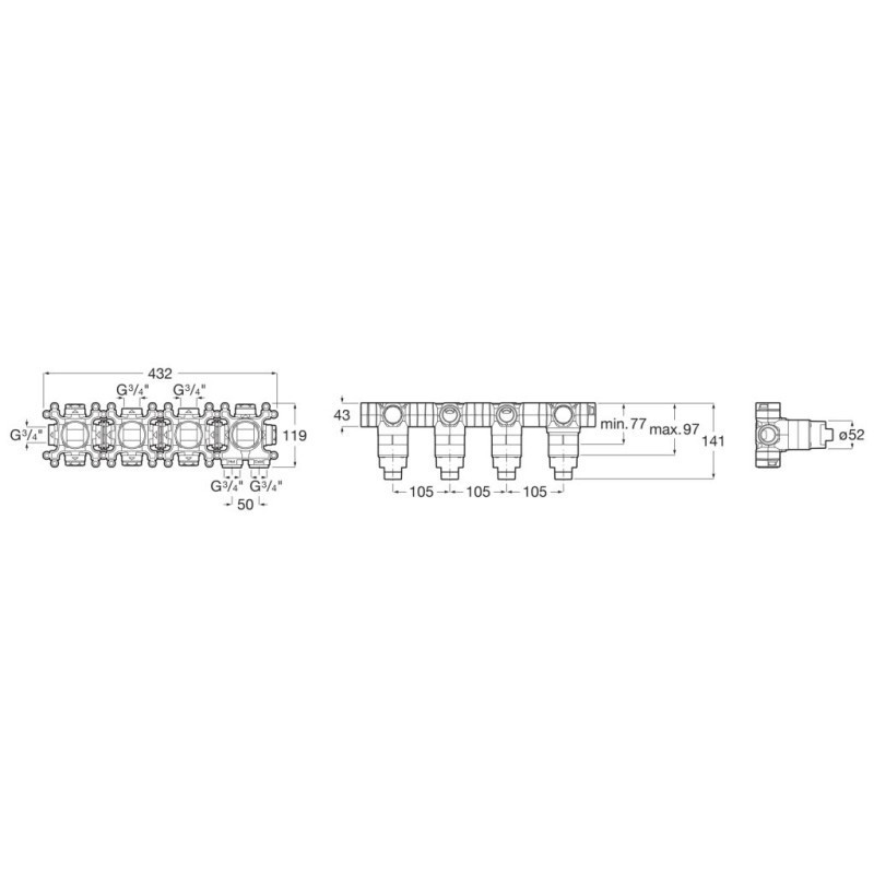 T-MULTI SWITCH ВГРАДЕНО ТЯЛО ЗА ТЕРМОСТАТЕН СМЕСИТЕЛ  3-пътен