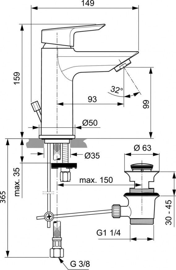Смесител за умивалник Tesi с метален изпразнител A6555AA