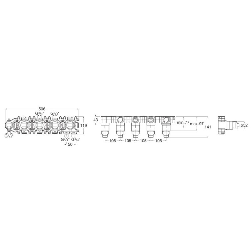 T-MULTI SWITCH ВГРАДЕНО ТЯЛО ЗА ТЕРМОСТАТЕН СМЕСИТЕЛ 3 пътен