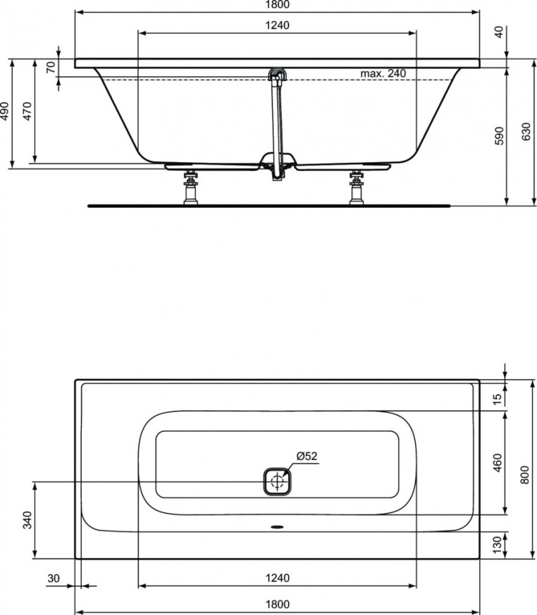 Правоъгълна двустранна вана за вграждане 180x80x63 cm Tonic II E397601