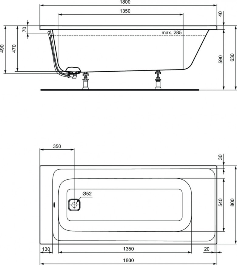 Правоъгълна вана за вграждане 180x80x63 cm Tonic II E397401