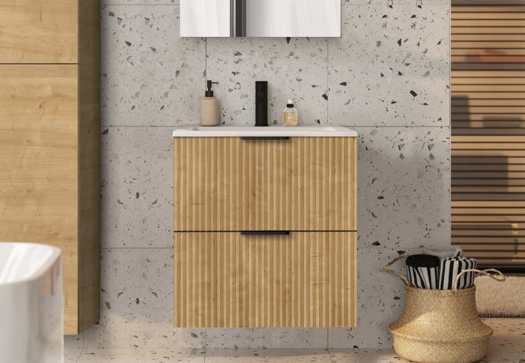 Долен шкаф Unik Reef с 2 чекмеджета и умивалник, 60см, Light Oak