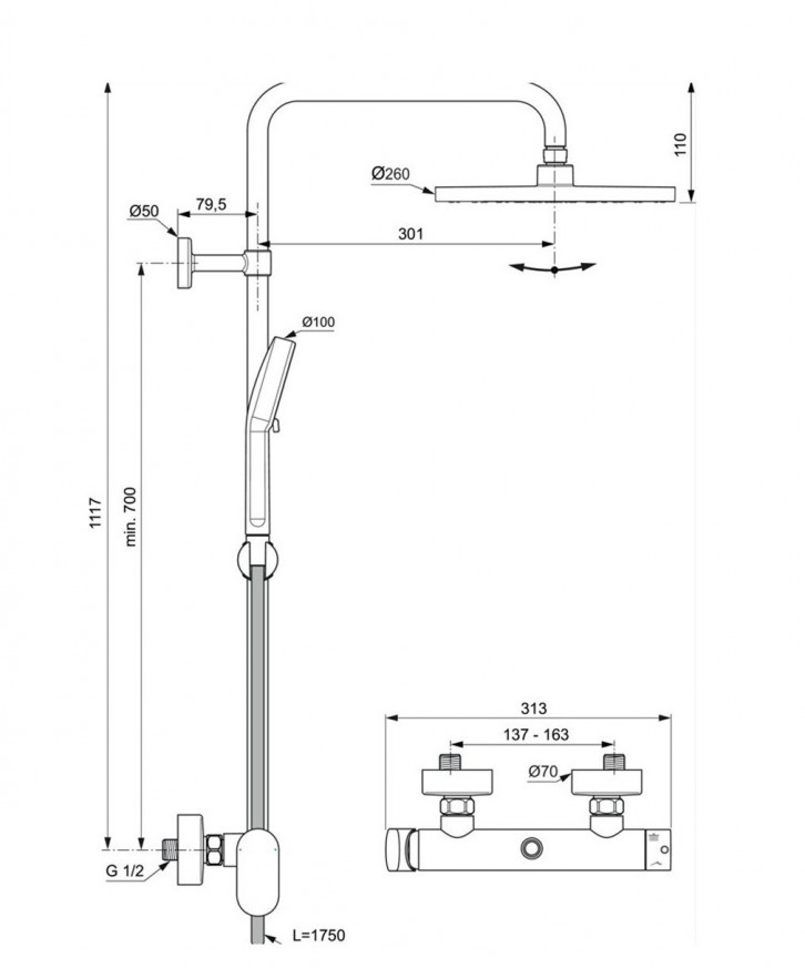 Душ система с едноръкохватков термостатен смесител Ceraflow T25N