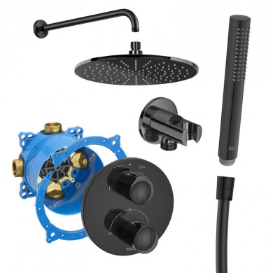 Комплект с вграден термостатичен смесител  T-1000,RocaBox,  душ глава, стенно рамо, ръчен душ, шлаух, стенно коляно с държач, titanium black ROCA T-1000